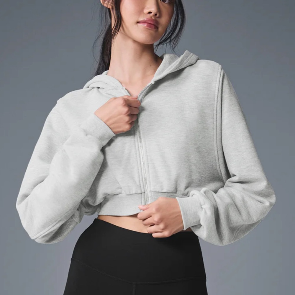 ALO Yoga Sweet Escape Light Gray Cropped Zip Hoodie Sweater